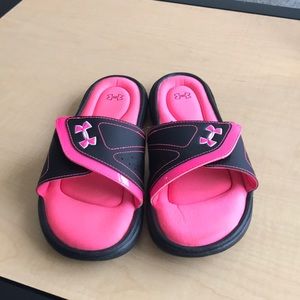 Pink and black under amour sandals